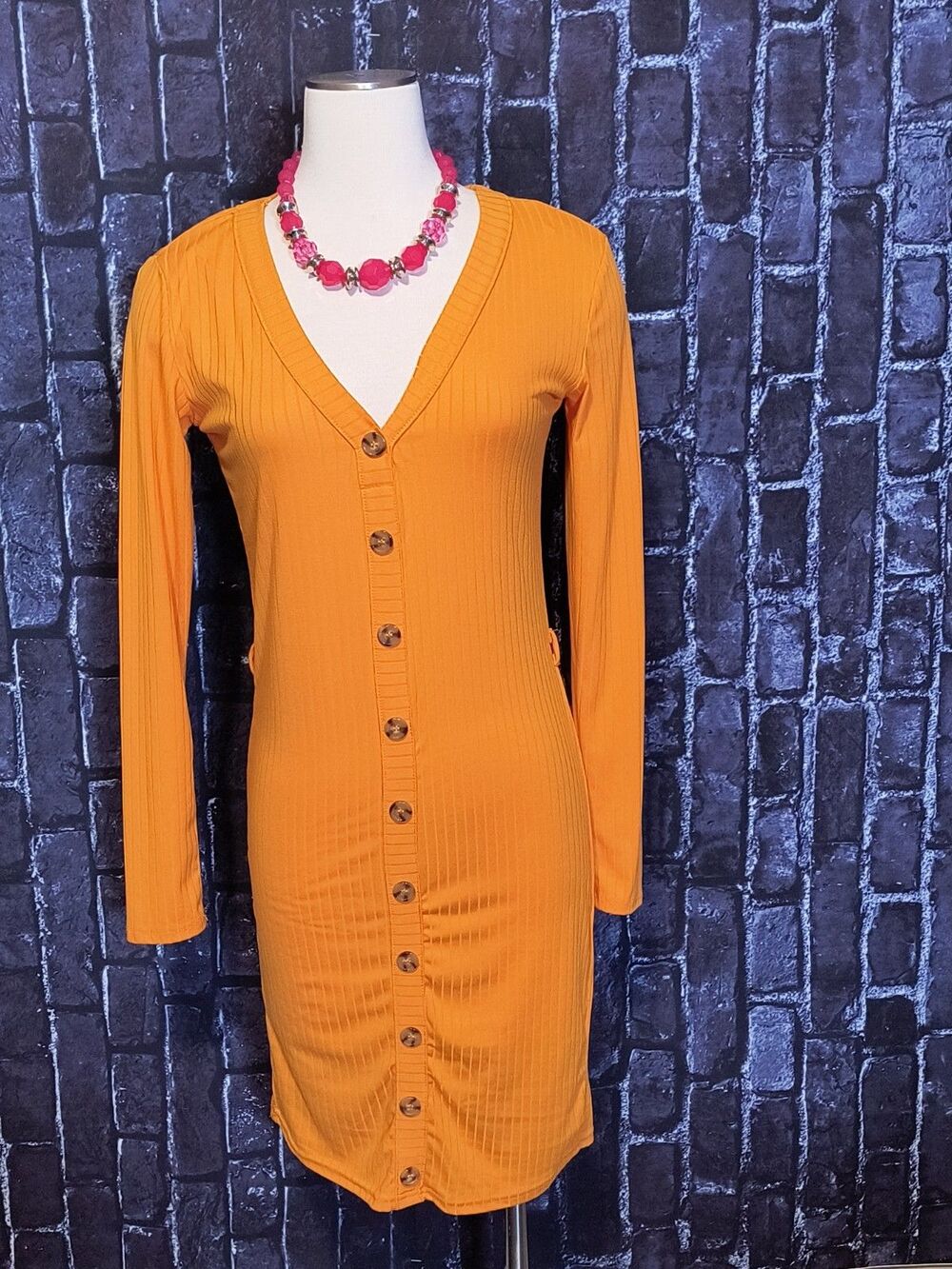 Rue21 Button Up Ribbed Dress Women's Large Mustard Yellow Ribbed Long Sleeve